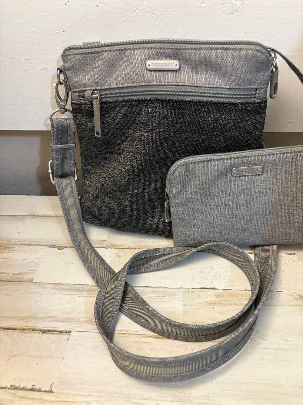 Baggallini Gray Crossbody Bag with Wristlet RFID